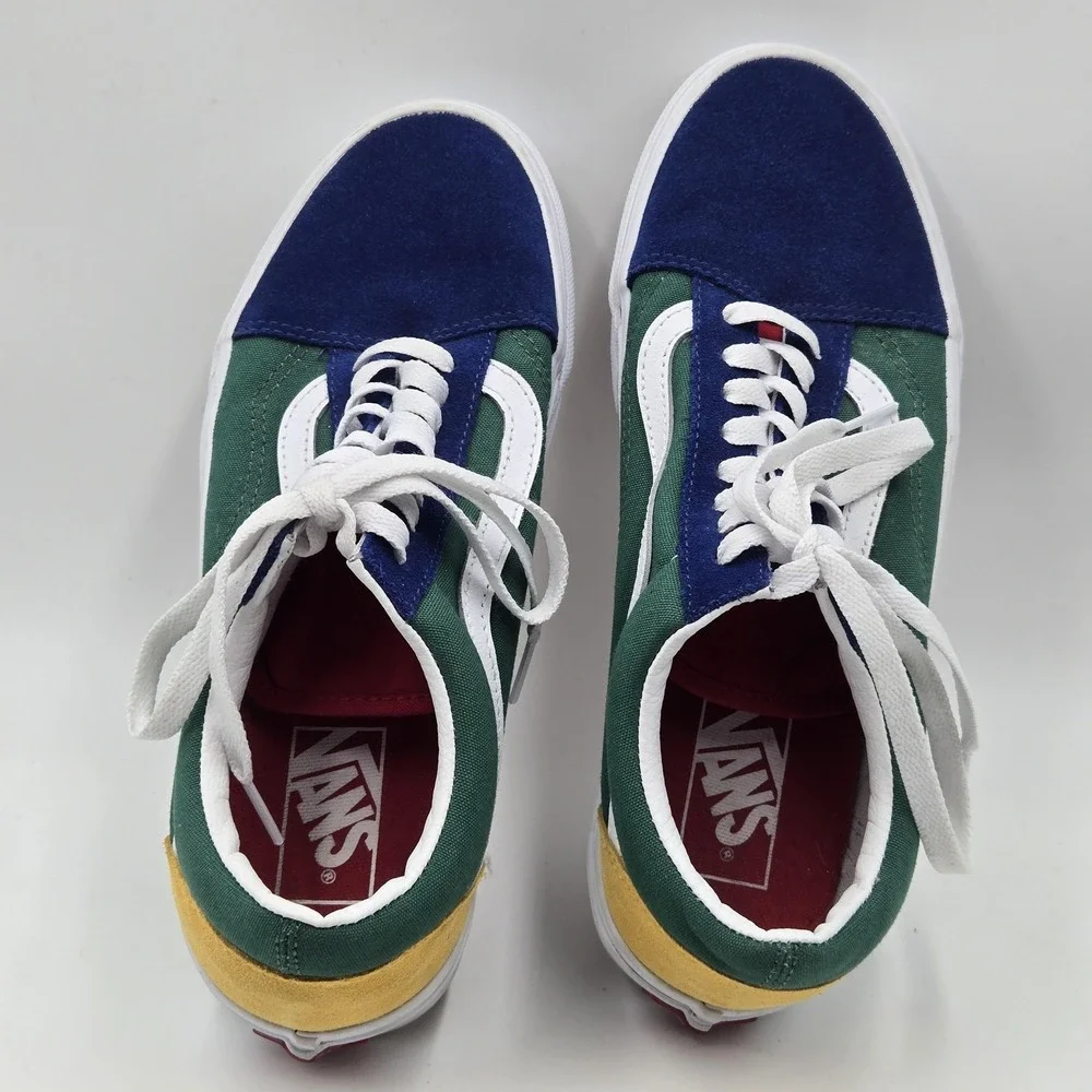 Vans Old Skool Shoes Mens Size 7.5 Green Navy Yellow Suede Canvas Skate Classic